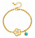 Pulsera flor de nácar con dije de turquesa - fondo blanco