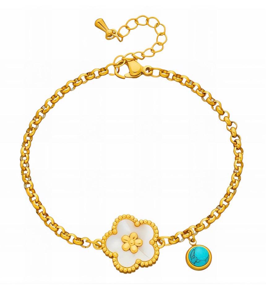 Pulsera flor de nácar con dije de turquesa - fondo blanco
