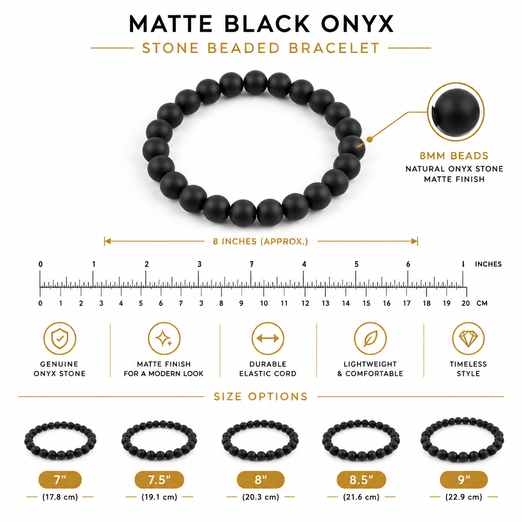 Infografía de especificaciones con tallas 7 a 9 pulgadas de la pulsera de ónix negro mate
